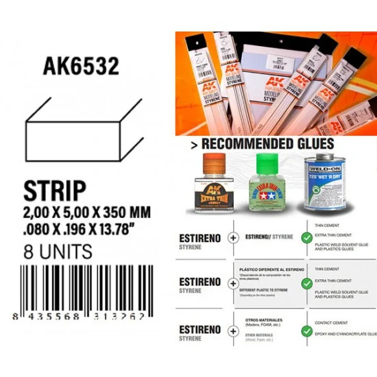 AK Interactive AK-6532 Styrene Strips 2.00 x 5.00 x 350mm (8pcs)