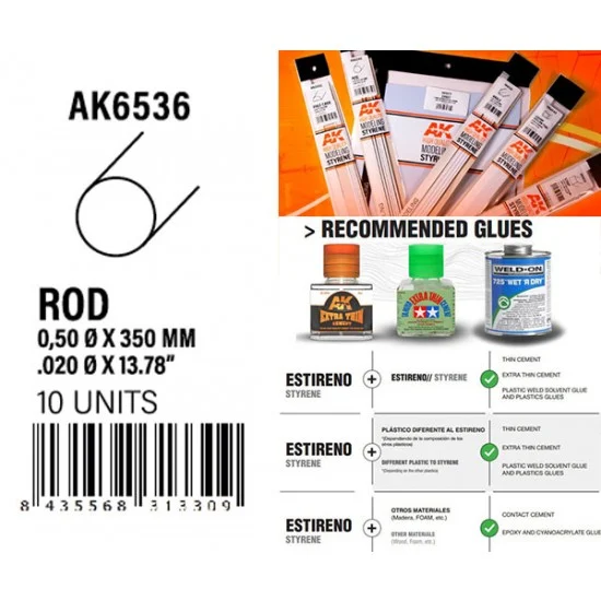 AK Interactive AK-6536 Styrene Rod 0.50 diameter x 350mm (10pcs)