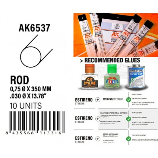 AK Interactive AK-6537 Styrene Rod 0.75 diameter x 350mm (10pcs)