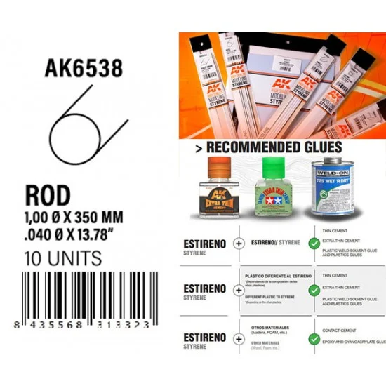 AK Interactive AK-6538 Styrene Rod 1.00 diameter x 350mm (10pcs)