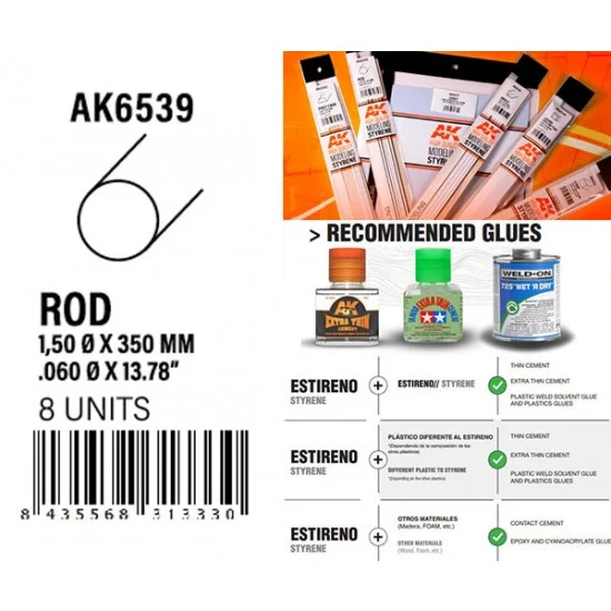 AK Interactive AK-6539 Styrene Rod 1.50 diameter x 350mm (8pcs)