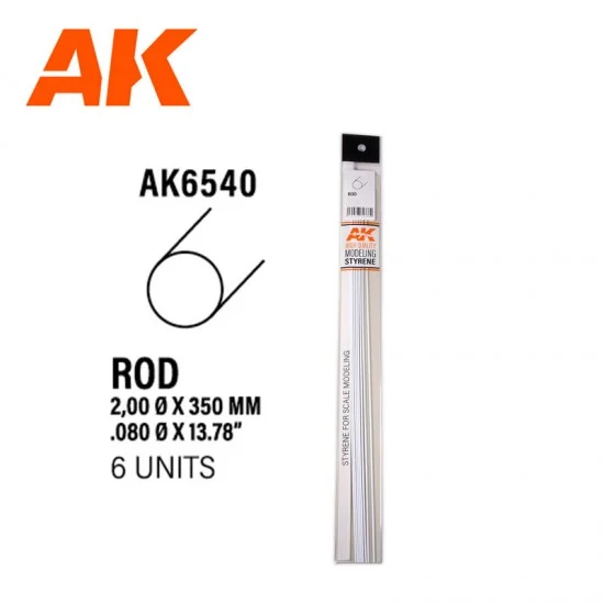 AK Interactive AK-6540 Styrene Rod 2.00 diameter x 350mm (6pcs)