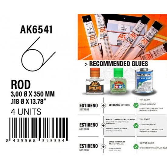 AK Interactive AK-6541 Styrene Rod 3.00 diameter x 350mm (4pcs)