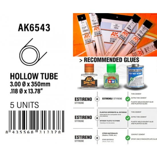 AK Interactive AK-6543 Styrene Hollow Tube 3.00dx350mm, W.T. 0.7mm (5pcs)