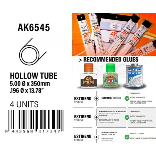 AK Interactive AK-6545 Styrene Hollow Tube 5.00dx350mm, W.T. 0.7mm (4pcs)