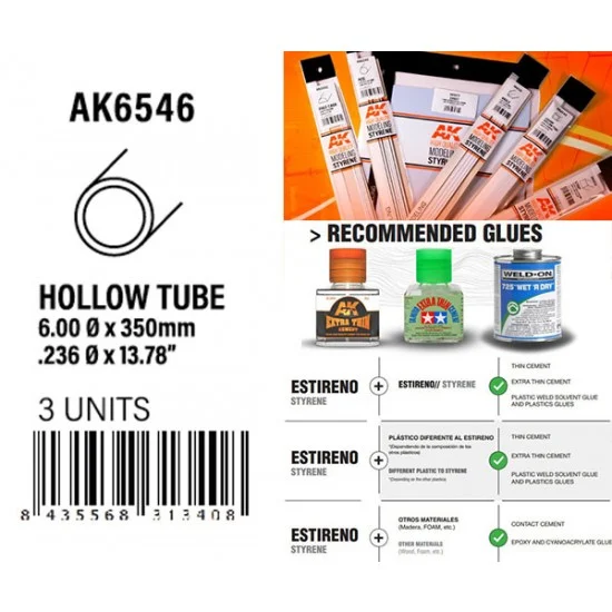 AK Interactive AK-6546 Styrene Hollow Tube 6.00dx350mm, W.T. 0.7mm (3pcs)
