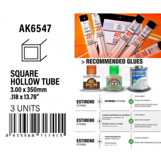 AK Interactive AK-6547 Styrene Square Hollow Tube 3.00x350mm, W.T. 0.7mm (3pcs)