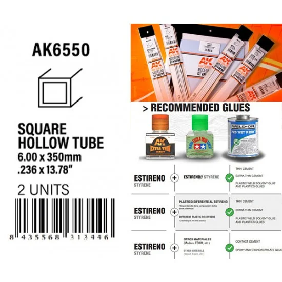 AK Interactive AK-6550 Styrene Square Hollow Tube 6.00x350mm, W.T. 0.7mm (2pcs)