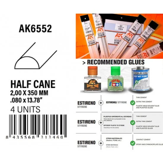 AK Interactive AK-6552 Styrene Half Cane 2.00 x 350mm (4pcs)