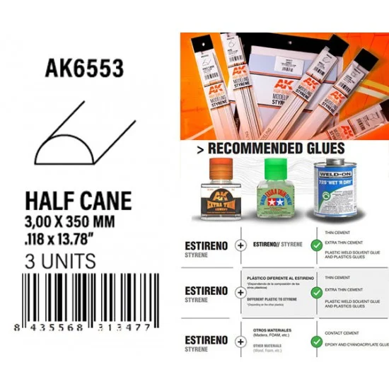 AK Interactive AK-6553 Styrene Half Cane 3.00 x 350mm (3pcs)