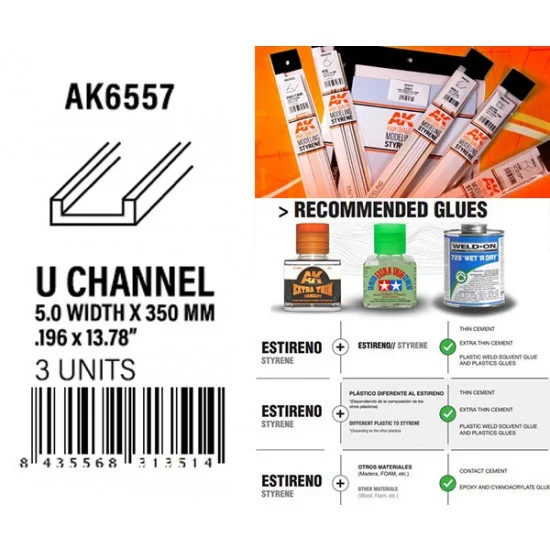 AK Interactive AK-6557 Styrene U Channel 5.0 width x 350mm (3pcs)