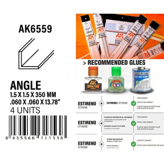 AK Interactive AK-6559 Styrene Angle 1.50 x 1.50 x 350mm (4pcs)
