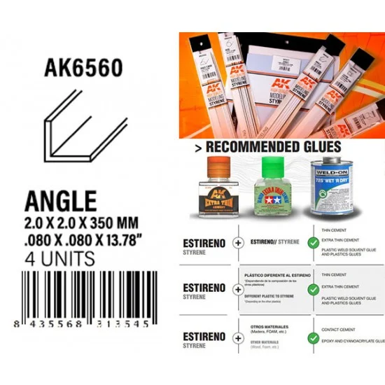 AK Interactive AK-6560 Styrene Angle 2.0 x 2.0 x 350mm (4pcs)
