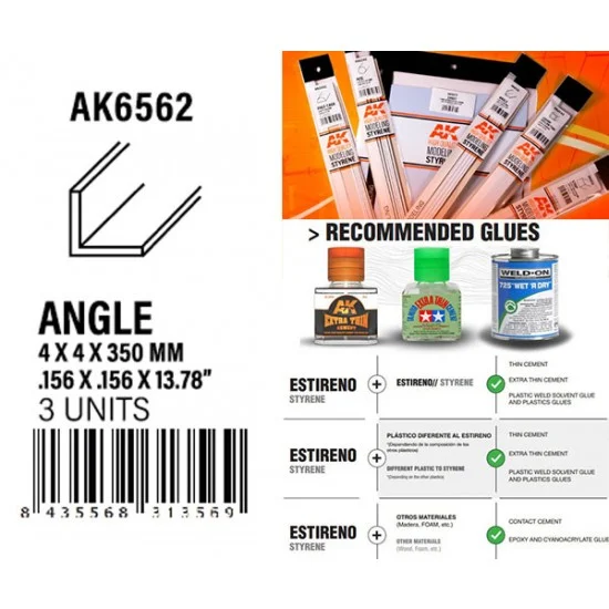 AK Interactive AK-6562 Styrene Angle 4 x 4 x 350mm (3pcs)