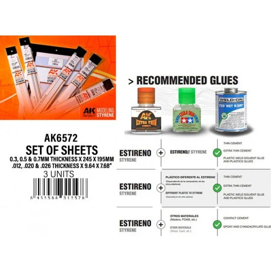 AK Interactive AK-6572 Styrene Sheet 0.25mm thickness x 245 x 195mm (3pcs)