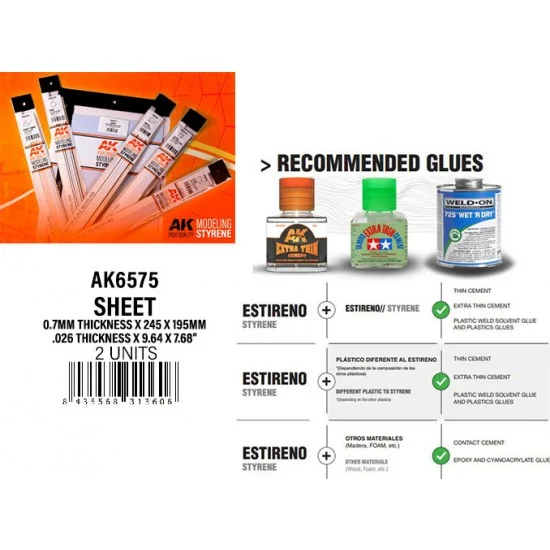 AK Interactive AK-6575 Styrene Sheet 0.7mmthickness x 245 x 195mm (2pcs)