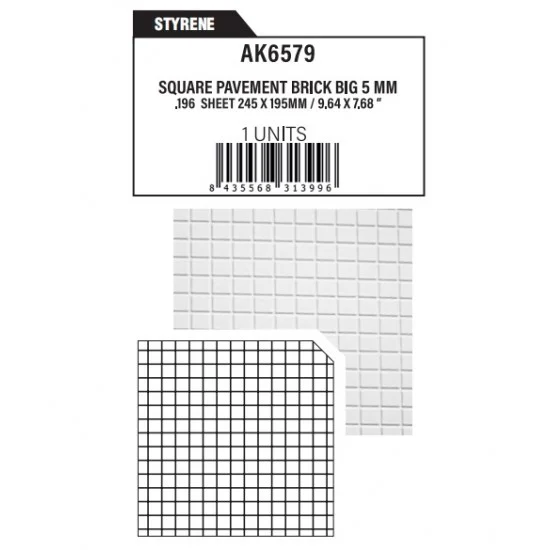 AK Interactive AK-6579 Styrene Textured Sheet - Square Pavement Brick Big 5mm/.196 (245mm x 195mm)