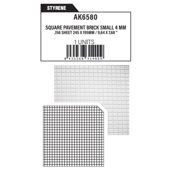 AK Interactive AK-6580 Styrene Textured Sheet - Square Pavement Brick Small 4mm/.156 (245mm x 195mm)