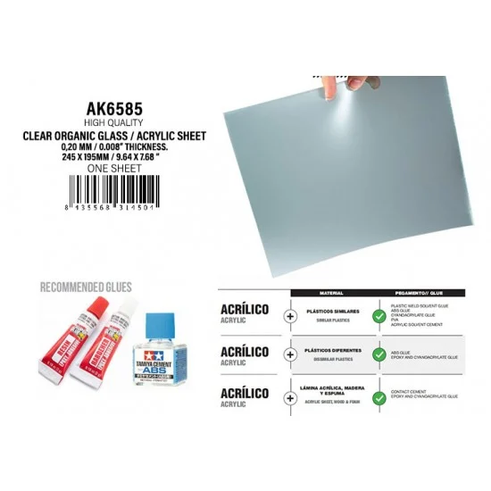 AK Interactive AK-6585 Clear Organic Glass/Acrylic Sheet: 0.20mm/0.008" Thickness