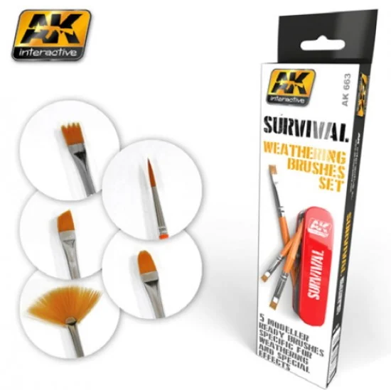 AK Interactive AK-663 Weathering Brushes Set - Survival (5 brushes with 5 different shapes)