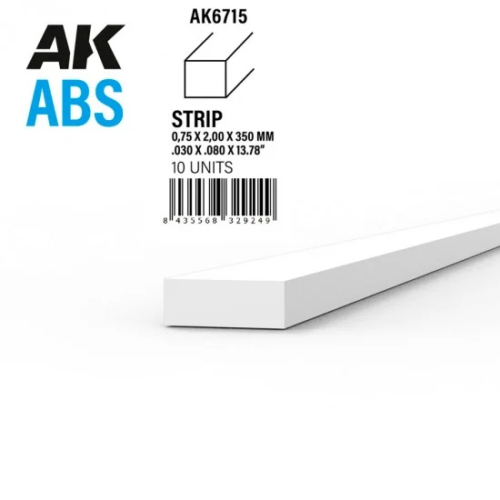 AK Interactive AK-6715 ABS Strips 0.75 x 2.00 x 350mm (10pcs)