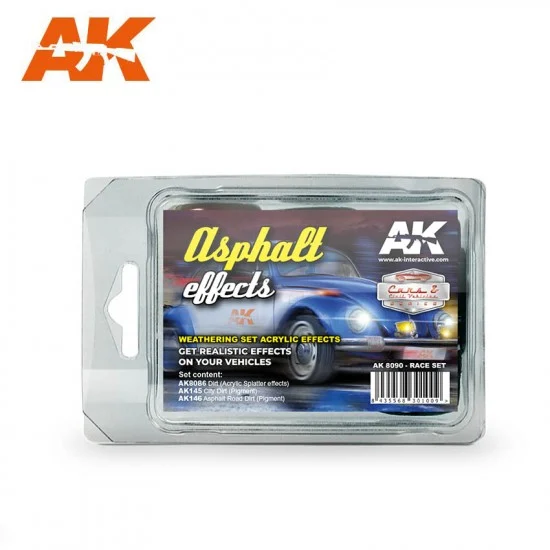 AK Interactive AK-8090 Weathering Set (Race Set) - Asphalt Effects (1x Acrylic Splatter effects, 2x Pigments)