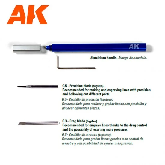 AK Interactive AK-9321 Tugsten Steel Engraving Scriber (aluminium handle, 0.5mm & 0.3mm blades)