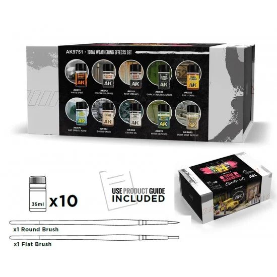 AK Interactive 9751 Total Weathering Effects Set (10x 35ml, 2 brushes) - Hobby & Model Paints