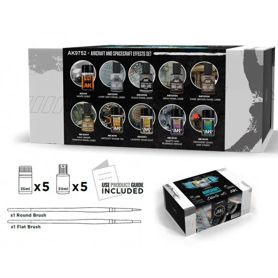 AK Interactive 9752 Aircraft and Spacecraft Effects Set (5x 35ml, 5x 30ml, 2 brushes) - Hobby & Model Paints