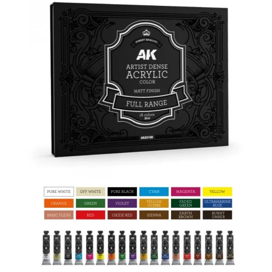 AK Interactive AK-AD100 Artist Dense Acrylic Colour Full Range Deluxe Edition Box (18 tubes, 20ml each, matt)
