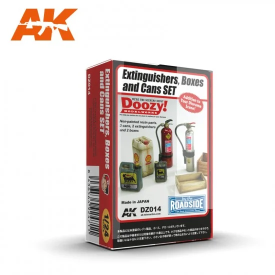 AK Interactive DZ014 1/24 Extinguishers (2pcs), Boxes (2pcs) And Cans (2pcs in different size) Set - Model Cars