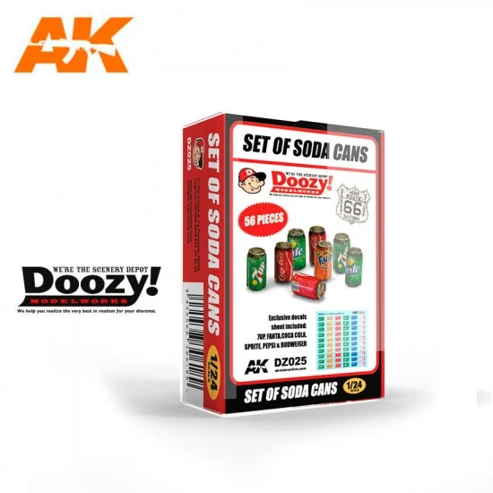 AK Interactive DZ025 1/24 Soda Cans Set: 7up, Fanta, Coca Cola, Sprite, Pepsi and Budweiser (56pcs) - Scenics & Diorama