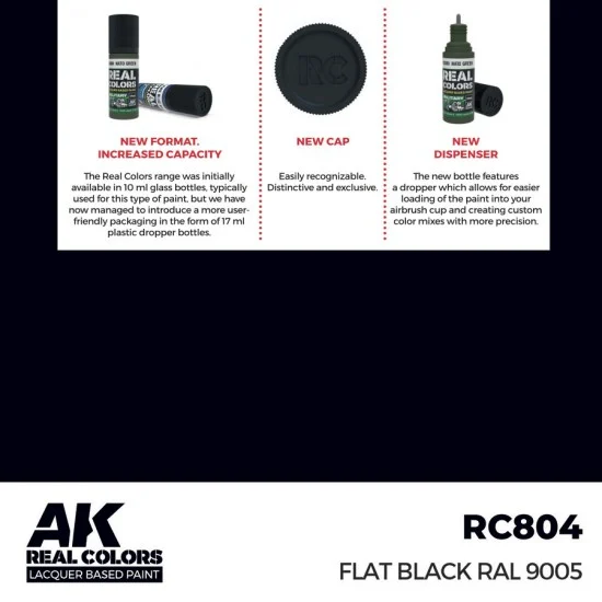 AK Interactive RC804 Real Colours Lacquer Based Paint - Standard #Flat Black RAL 9005 (17ml)