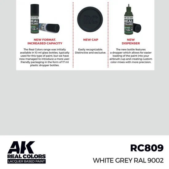 AK Interactive RC809 Real Colours Lacquer Based Paint - Standard #White Grey RAL 9002 (17ml)