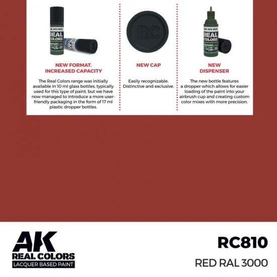 AK Interactive RC810 Real Colours Lacquer Based Paint - Standard #Red RAL 3000 (17ml)