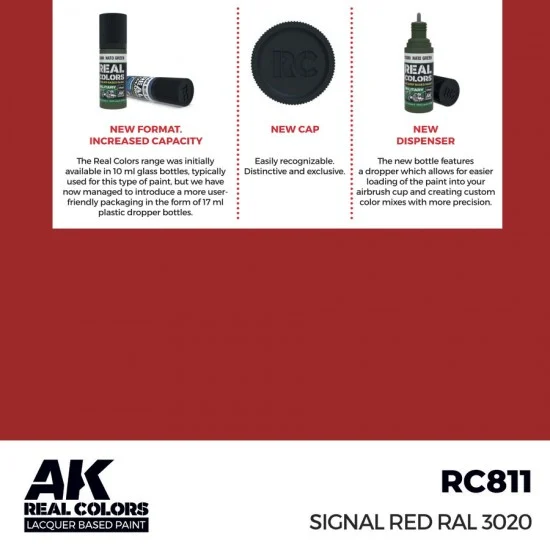 AK Interactive RC811 Real Colours Lacquer Based Paint - Standard #Signal Red RAL 3020 (17ml)