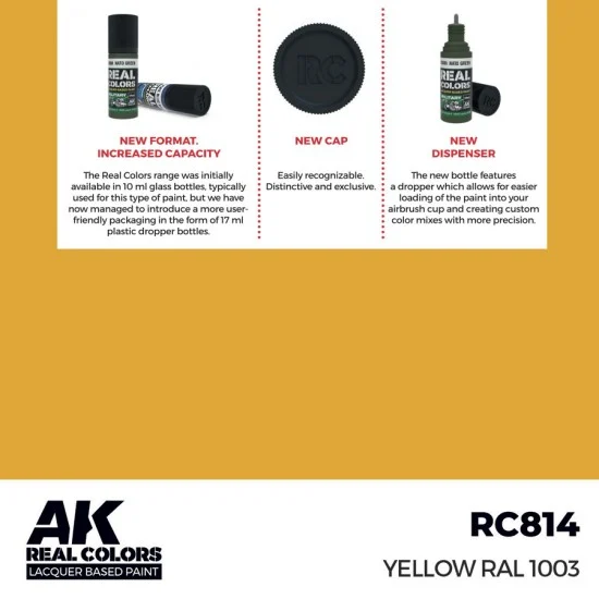 AK Interactive RC814 Real Colours Lacquer Based Paint - Standard #Yellow RAL 1003 (17ml)