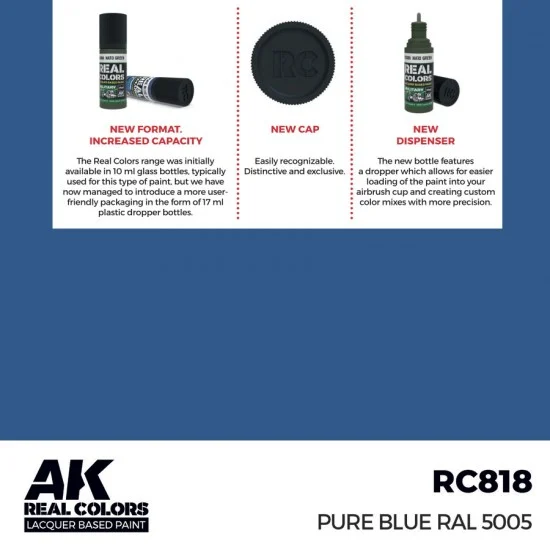 AK Interactive RC818 Real Colours Lacquer Based Paint - Standard #Pure Blue RAL 5005 (17ml)