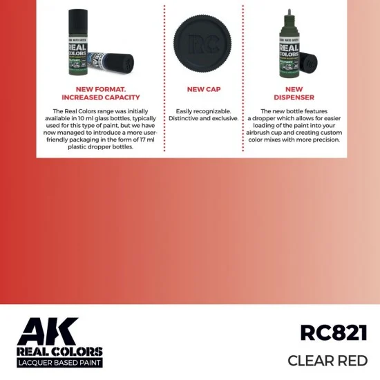 AK Interactive RC821 Real Colours Lacquer Based Paint - Standard #Clear Red (17ml)