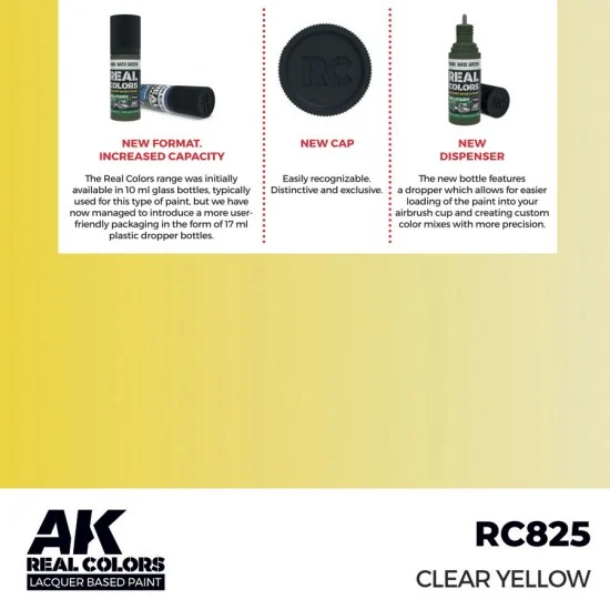 AK Interactive RC825 Real Colours Lacquer Based Paint - Standard #Clear Yellow (17ml)