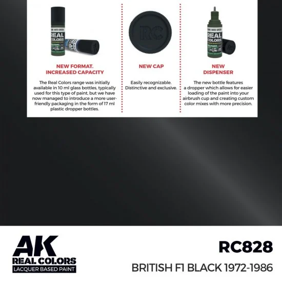 AK Interactive RC828 Real Colours Lacquer Based Paint - Civil #British F1 Black 1972-1986 (17ml)