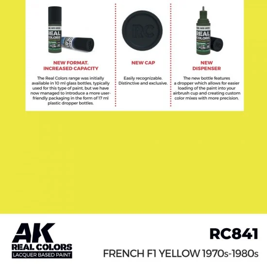 AK Interactive RC841 Real Colours Lacquer Based Paint - Civil #French F1 Yellow 1970s-1980s (17ml)