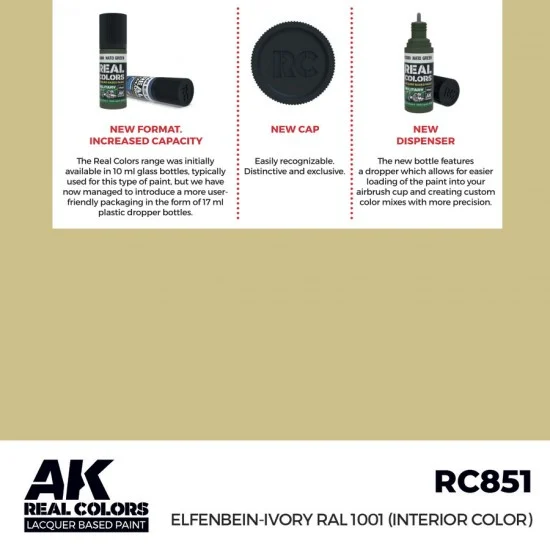 AK Interactive RC851 Real Colours Lacquer Based Paint - Military #Elfenbein-Ivory RAL 1001 Interior (17ml)