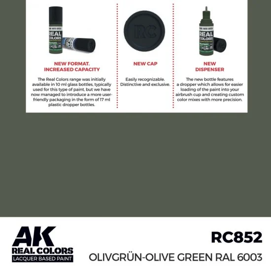 AK Interactive RC852 Real Colours Lacquer Based Paint - Military #Olivgrun-Olive Green RAL 6003 (17ml)
