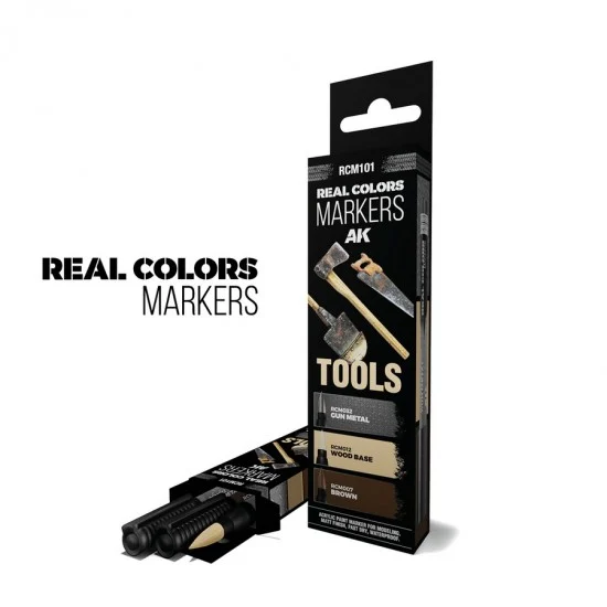 AK Interactive RCM101 Real Colours Markers - Tools (3 pens: RCM032 Gun Metal, RCM012 Wood Base, RCM007)