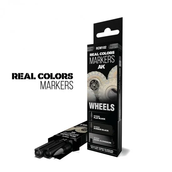 AK Interactive RCM102 Real Colours Markers - Wheels (3 pens: RCM033 Flat Black, RCM001 Rubber, RCM011)