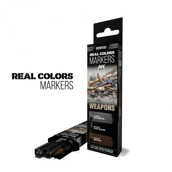 AK Interactive RCM103 Real Colours Markers - Weapons (3 pens: RCM032 Gun Metal, RCM033 Flat Black, RCM007)