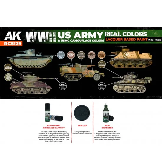 AK Interactive RCS129 Real Colours Lacquer Based Paints set - WWII US Army & USMC Camouflage (8x 17ml)