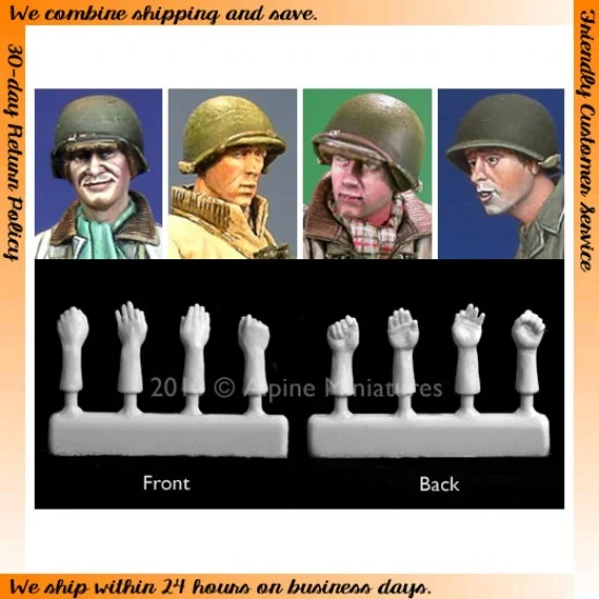 Alpine Miniatures H004 1/35 US Heads with Helmet (4pcs) & Hands (4pcs) - Model Figures