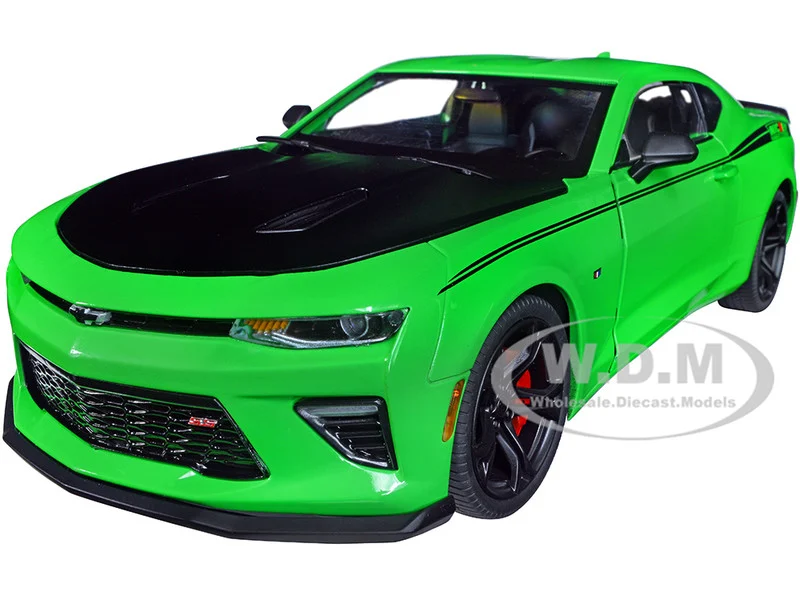 2017 Chevrolet Nickey Camaro SS 1LE Krypton Green with Matt Black Hood and Black Stripes 1/18 Diecast Model Car by Auto World - Chevrolet Models